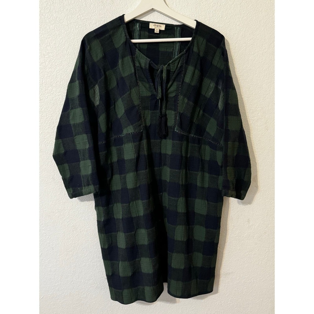 Umgee USA Womens T Shirt Dress Medium Green Black Plaid Casual Tunic Bohemian